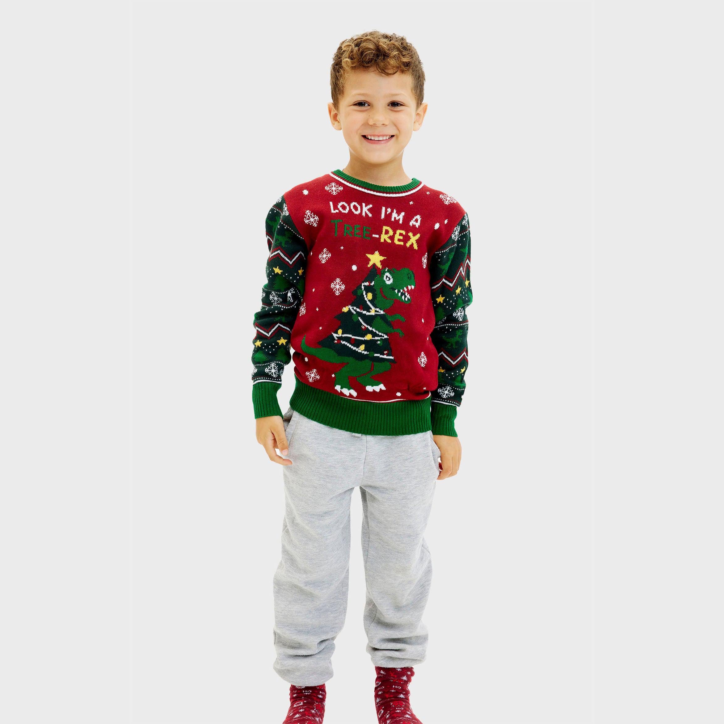 Kinder Weihnachtspullover mit rotem und grünem Dinosaurier-Design und Schriftzug